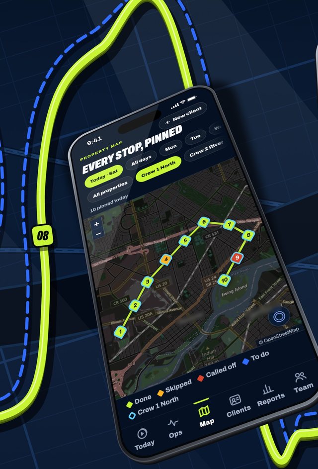 RoundOps property map on an iPhone: ten numbered stops for one crew joined in driving order on a city map