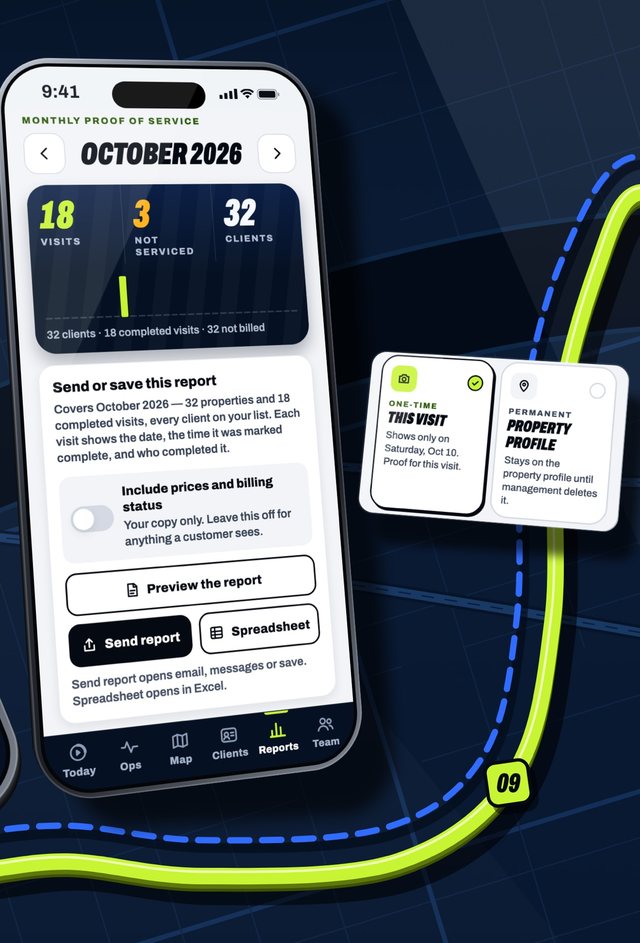RoundOps monthly proof of service report on an iPhone, with visit counts and buttons to send the report